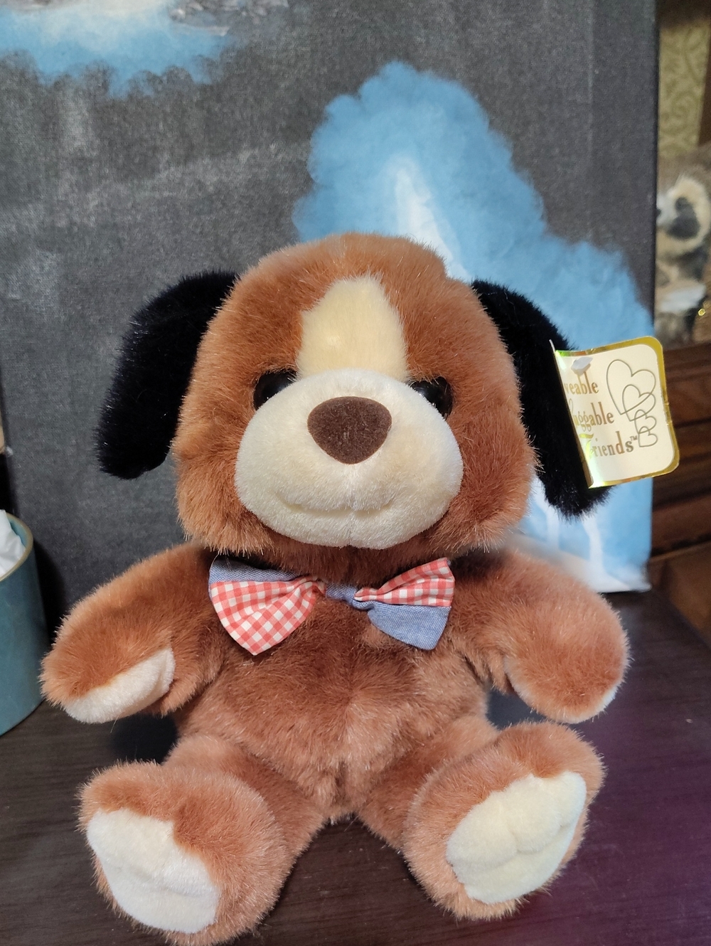 Plush Brown And White Puppy Dog Stuffed Toy Animal with Check Bow Soft With Tag